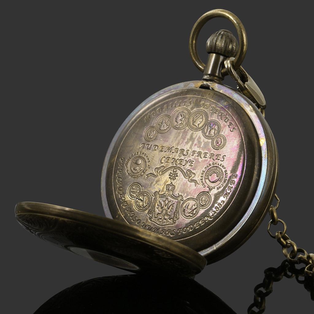 Orologio da tasca meccanico da uomo retrò con volano e fasi lunari in rame massiccio, orologio a carica manuale vintage nostalgico, orologio da tasca meccanico a doppia cassa