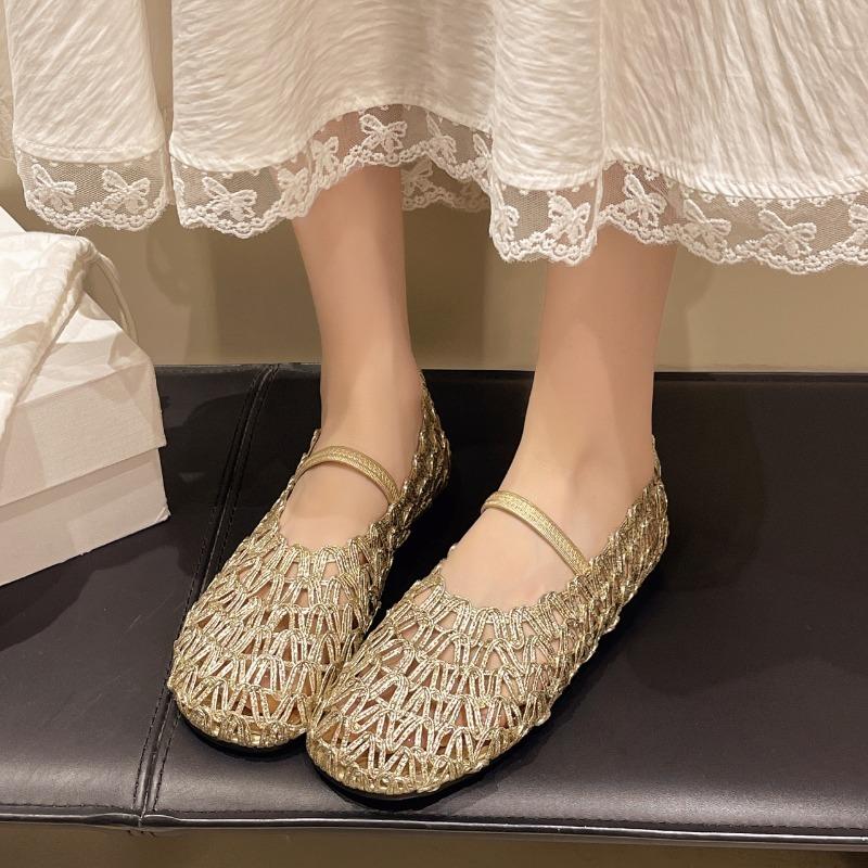 Fashion Flat Woven Shoes Women Summer Square Toe Cutout Breathable Shallow Mouth Mary Jane Sandals with Skirt Single Shoes
