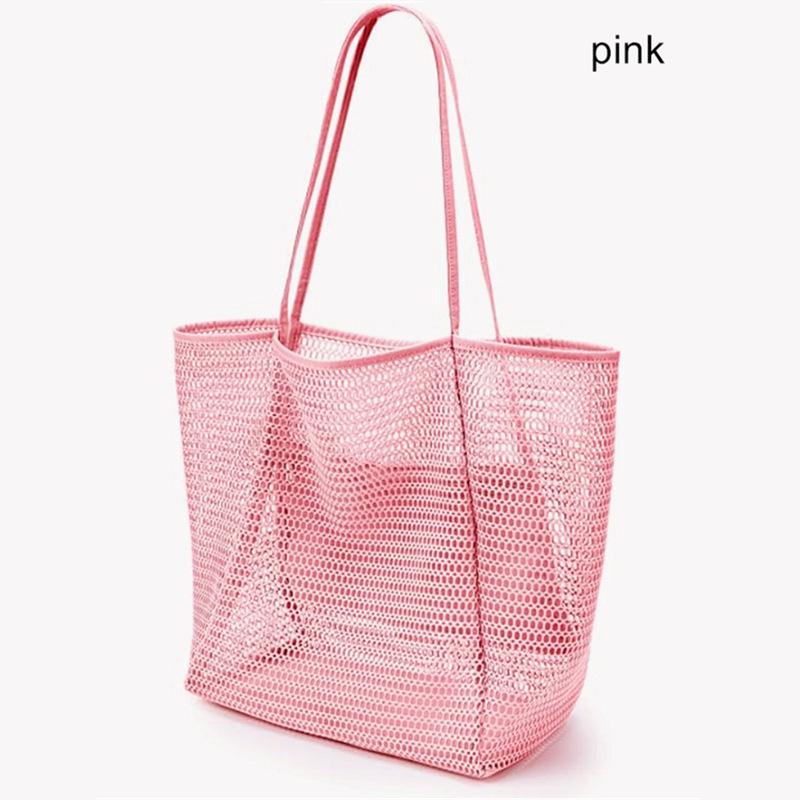 Foldable Mesh Beach Tote Bag Large Capacity Travel Shoulder Handbag With Zipper Pocket For Towels Clothes Cosmetics And Daily Storage