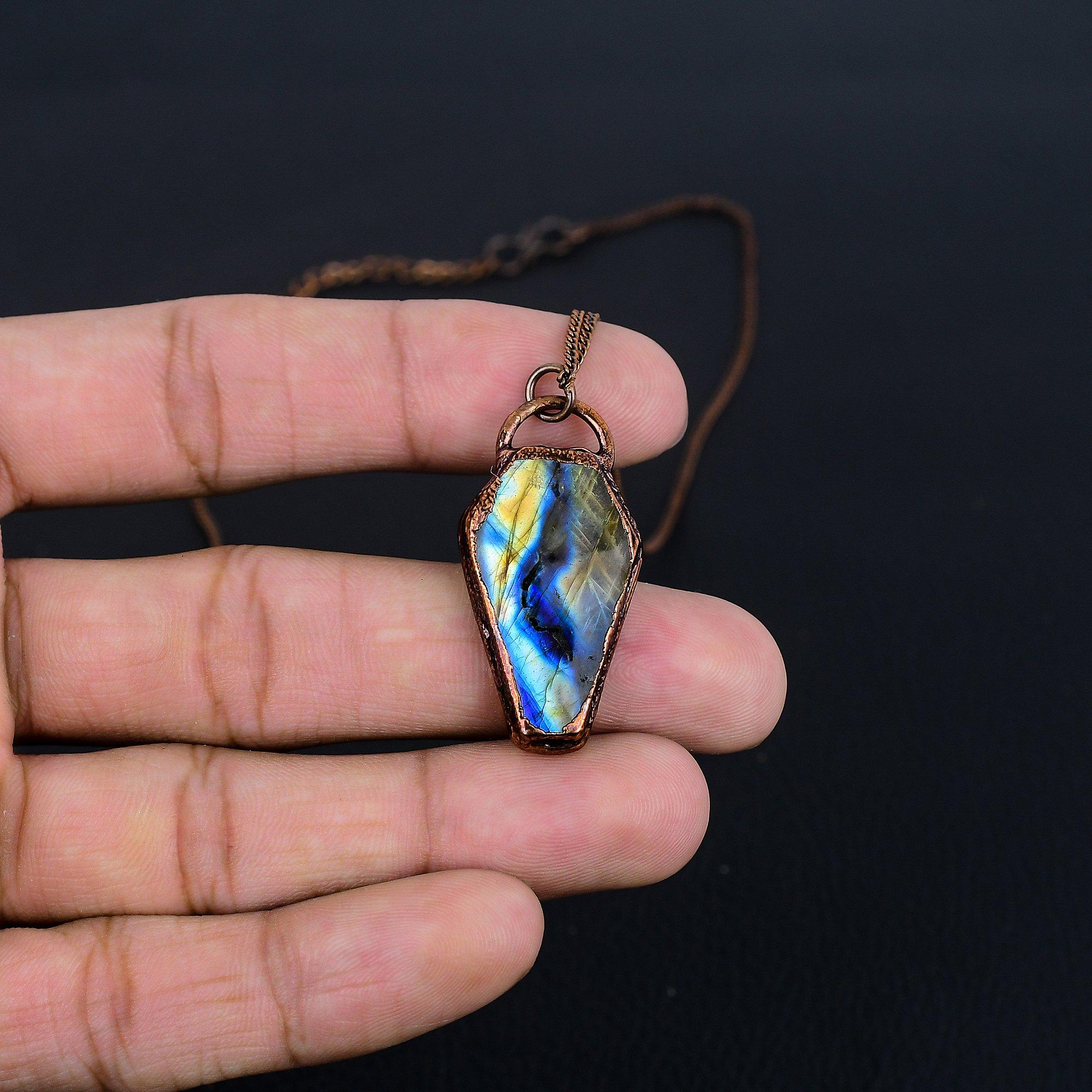

Labradorite Pendant, Handmade Gemstone Copper Electroformed Pendant Antique Jewelry, For Gift Silver Jewelry 2.55 Inches