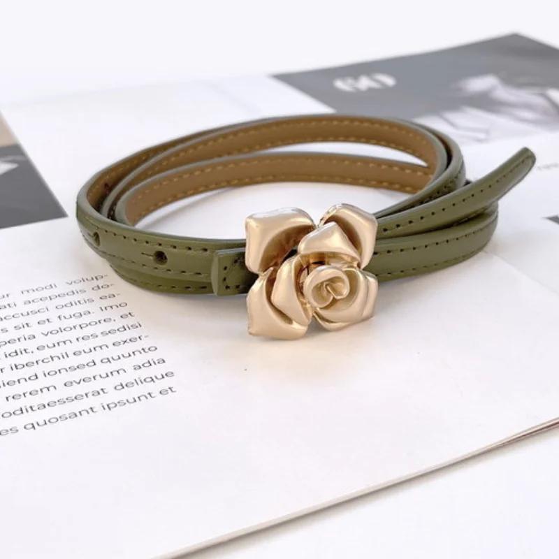 1.0cm New Unique Rose Genuine Leather Gold Belt Women Fashion Cowskin Flower Thin Belts Female Jeans Dress Waistband