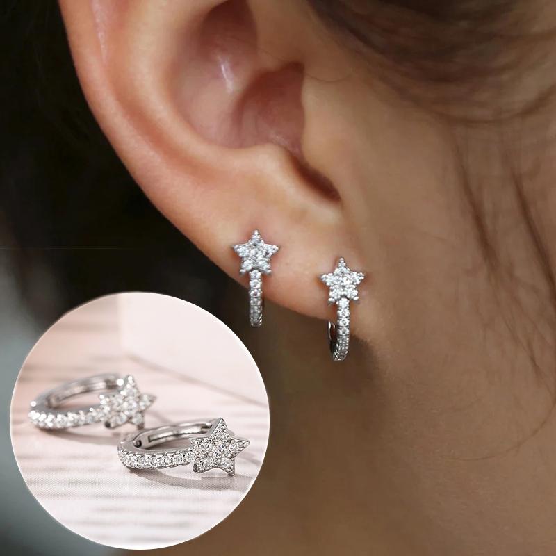 

Huitan Fashion Star Hoop Earrings with Dazzling CZ Simple Stylish Ear Accessories for Women Color Exquisite Girls Jewelry as picture