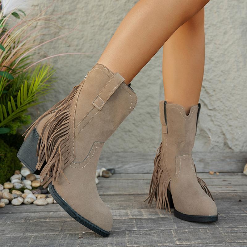 Cizme Cowboy Western Retro cu Ciucuri din Piele Suede Femei 2025 Iarnă Sexy Vârf Ascuțit Toc Înalt Cizme Glezna Botine Scurte de Designer pentru Femei