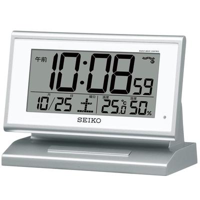 Seiko Clock Automatic Alarm Digital Temperature and Humidity Night Silver Metallic SQ768S, Clock, Radio-Controlled Calendar, Display, Visibility,
