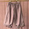 Johnature Pantalones de pierna ancha de lino Vintage para mujer, pantalones hasta la pantorrilla con cintura elástica y bolsillos de almazuela de Color sólido para otoño