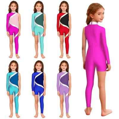 Girls Gymnastics Dance Costume: Mock Neck Back Invisible Zipper Shiny Sequins Color Block Asymmetrical Jumpsuit for Competition