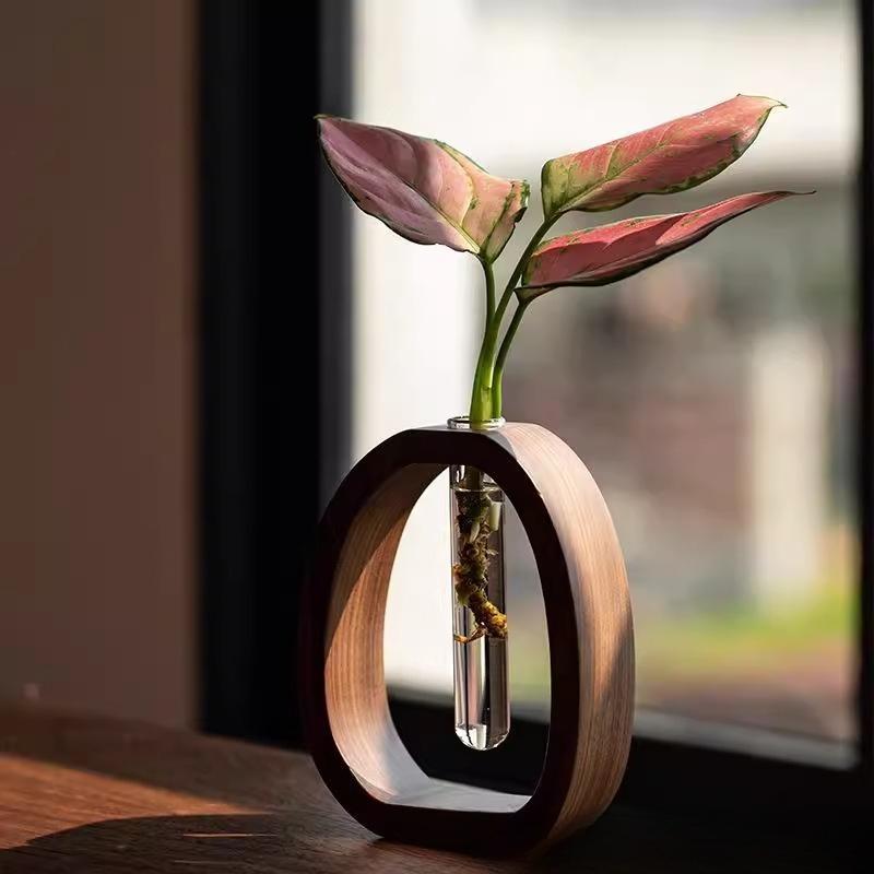 Solid Wood Transparent Glass Hydroponic Flower Vase, Walnut Small Flower Vase, Water-grown Fresh Flowers, Flower Arrangement