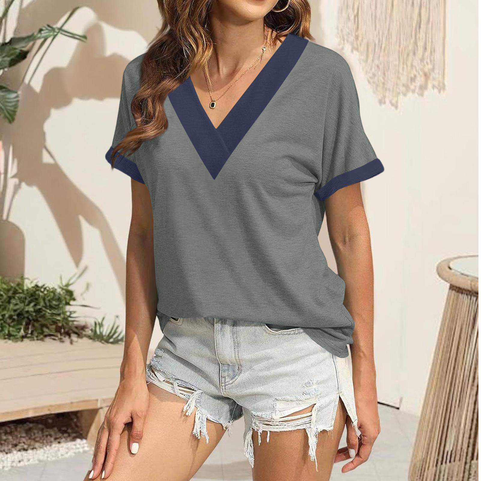 

Women s Casual Loose V-neck Short-sleeved Shirt Short-sleeved Top L зелений