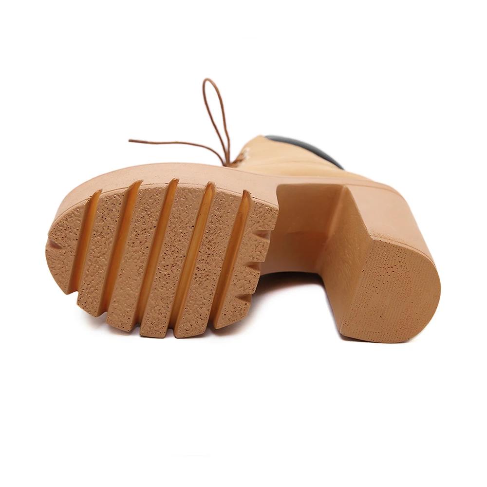 Women'S Chunky Heeled Short Boots Round Toe Lace Up High Heels Solid Color Waterproof Platform Motorcycle Boots For Women