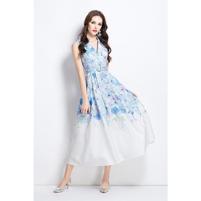 Summer Women Vintage Print Designer Runway Dress Sleeveless Blazer Collar Seaside Beach Long Maxi Tank Dresses