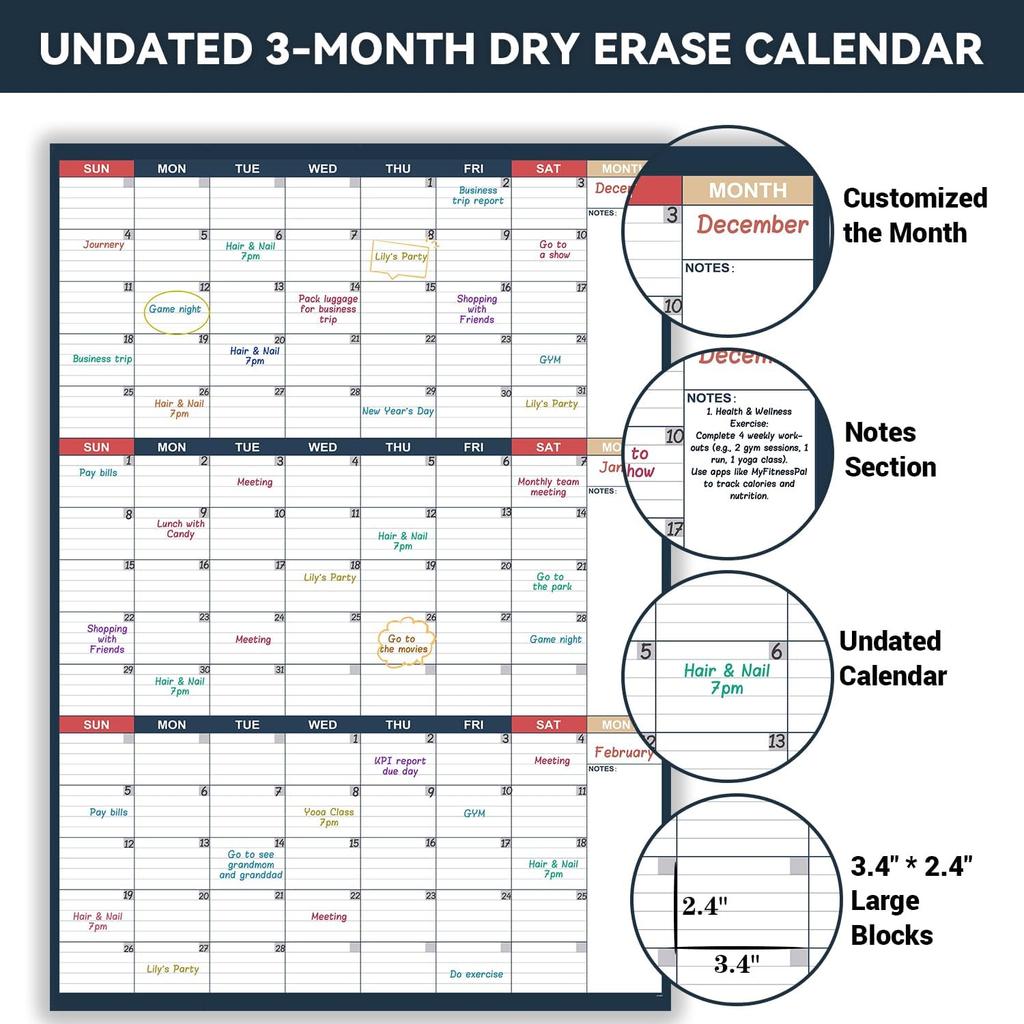 Dry Erase Calendar for Wall - Undated 3 Month Wall Calendar, 28" x 40"(Vertical), Large Wall Calendar Dry Erase for Office, Home, School