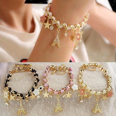 Jewelry Multielement  Chain Leather Rope  Handmade Bracelet Eiffel Tower Star Pendant