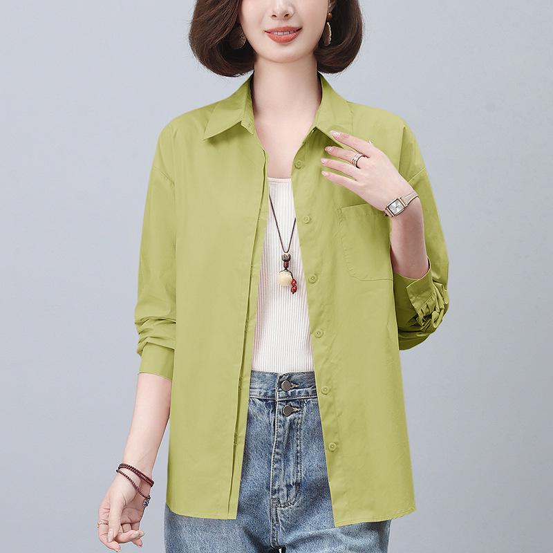 

Женская 2024 Весна/Осень Чистый Хлопок Длинный Рукав Свободный Однотонный Омолаживающий Модная Рубашка XXL зелёный