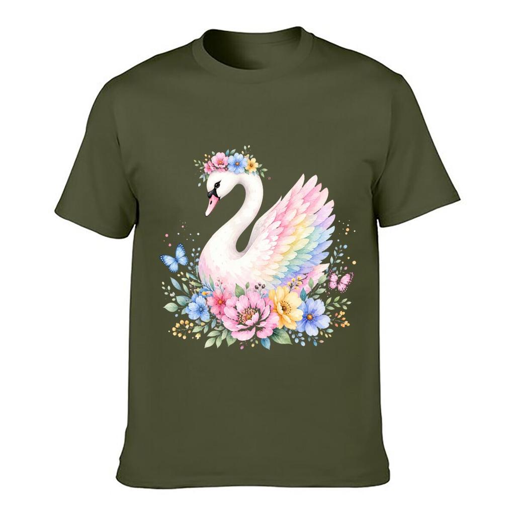 Pastel Swan Floral Butterfly Waterco Unisex Summer Washed Tee Loose Distressed Top