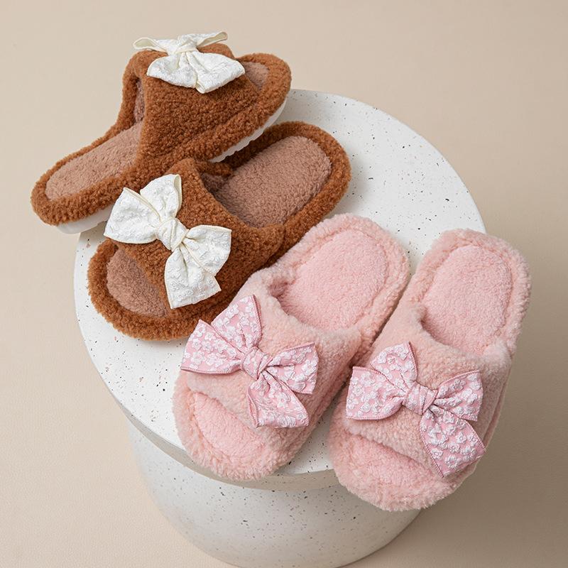 Bow Open Cotton Slippers Warm Fluffy Slippers Home Plush Slippers