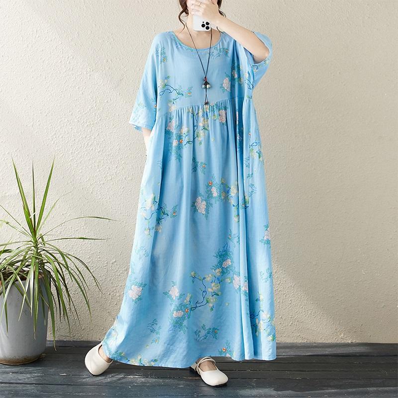 

Новое хлопковое платье больших размеров с коротким рукавом и цветочным принтом для женщин, повседневное свободное длинное летнее платье синий