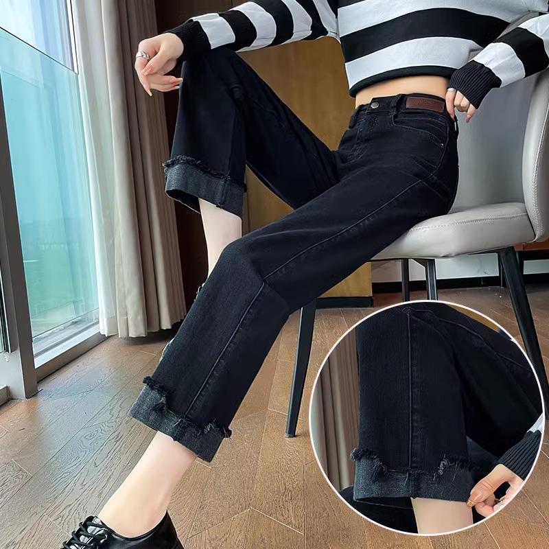 

Женские ретро джинсы с высокой талией, стройнящие - Весенне-осенние укороченные брюки-сигареты L 106-116 lbs чёрный