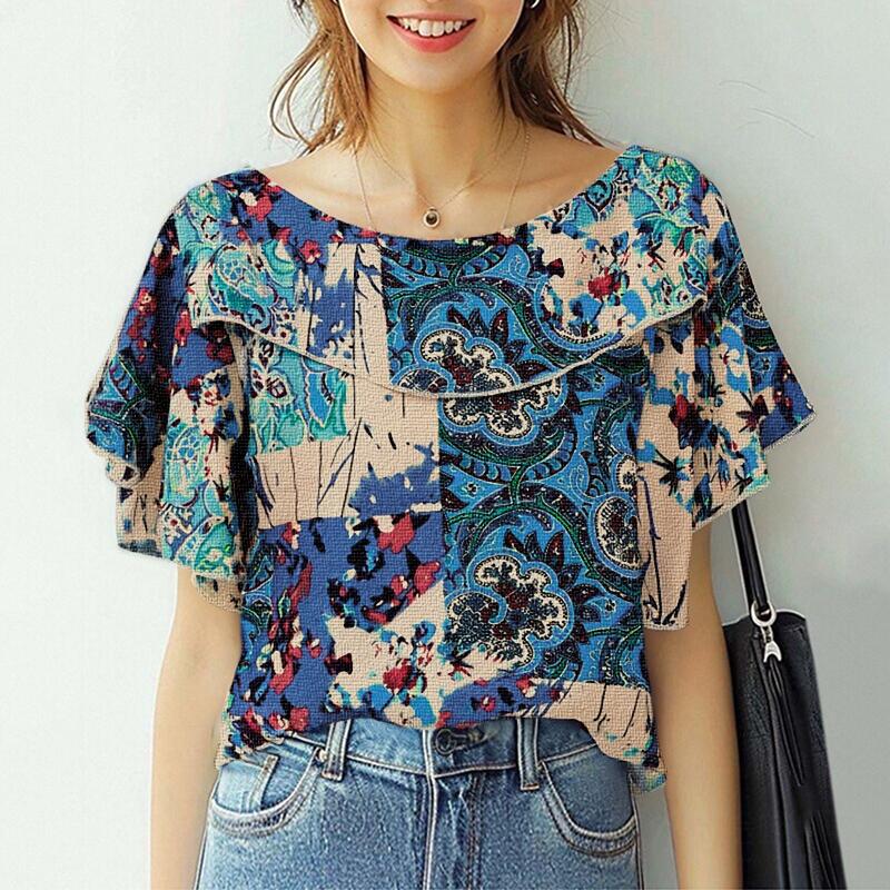 ZANZEA Women Casual Ethnic Print Loose Short Sleeve Blouse