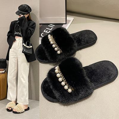 Winter Women House Furry Slippers 2024 New Non-Slip Casual Indoor Chain Decoration Warm Flats Floor Shoes Flip Flops Solid Color
