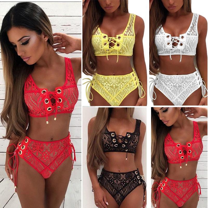 Elegancki Koronkowy Kostium Kąpielowy z Wycięciami i Wysokim Stanem Zestaw Bikini na Sznurki Dla Kobiet