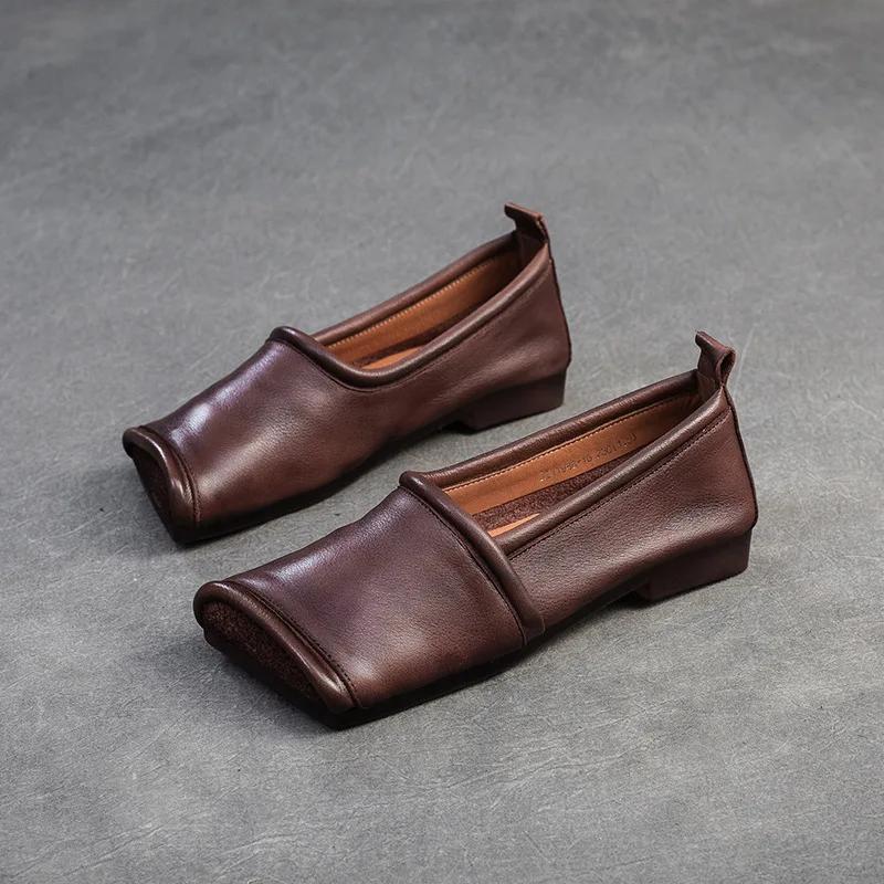 

Мода 2025 Осень Новые Кожаные Лоферы с Квадратным Носком на Плоской Подошве Ретро Мягкая Подошва Удобная Женская Обувь Слипоны 40 кофейный