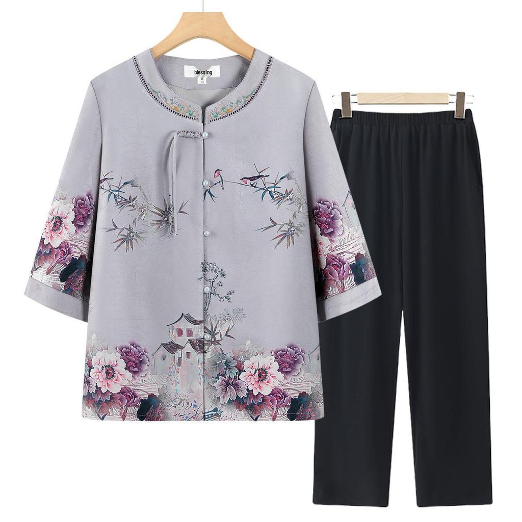 Stylish Summer Set for Women: Chinese-Inspired Short-Sleeve Top and Pants for Middle-Aged and Elderly Ladies