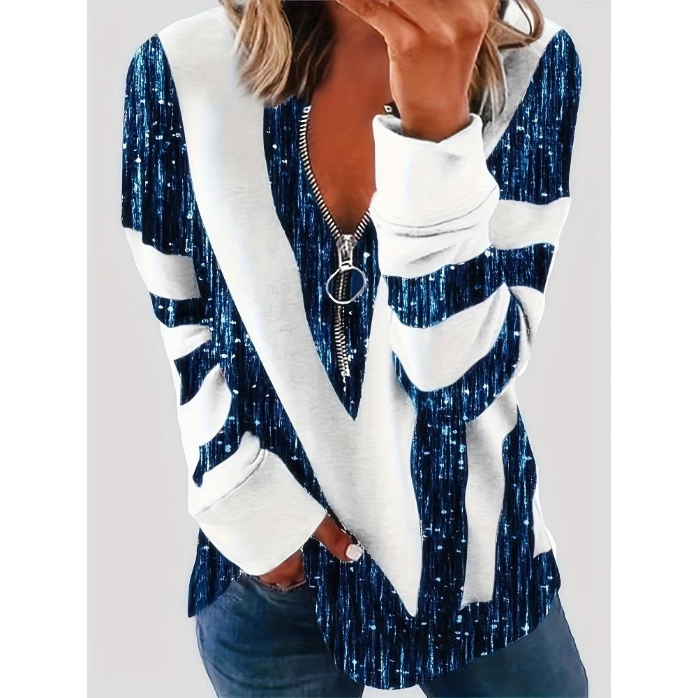 Women's Casual Long Sleeve Top with Colorblock Stripe Print And Zip Front, Perfect for Spring And Fall