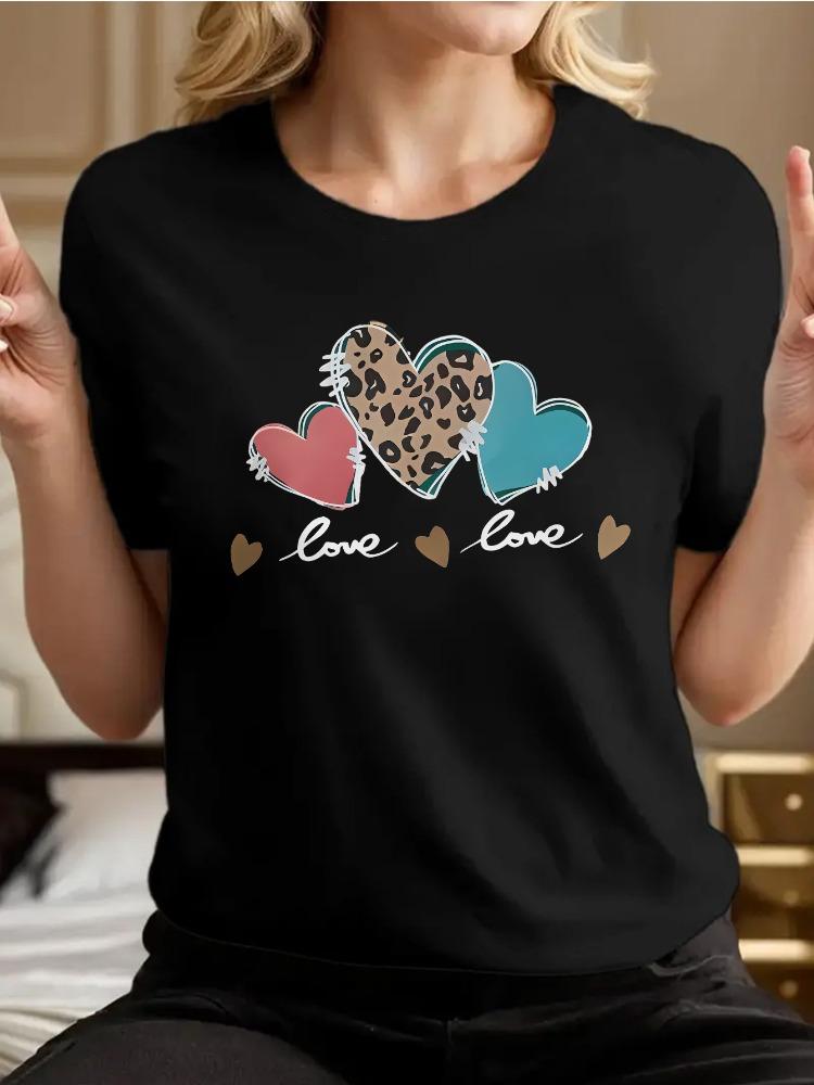 Damen Y2K Liebe Muster T-Shirt Rundhals Kurzarm Top Leopardenmuster und Polka Dot Design Vier Jahreszeiten Tägliches Lässiges Hemd