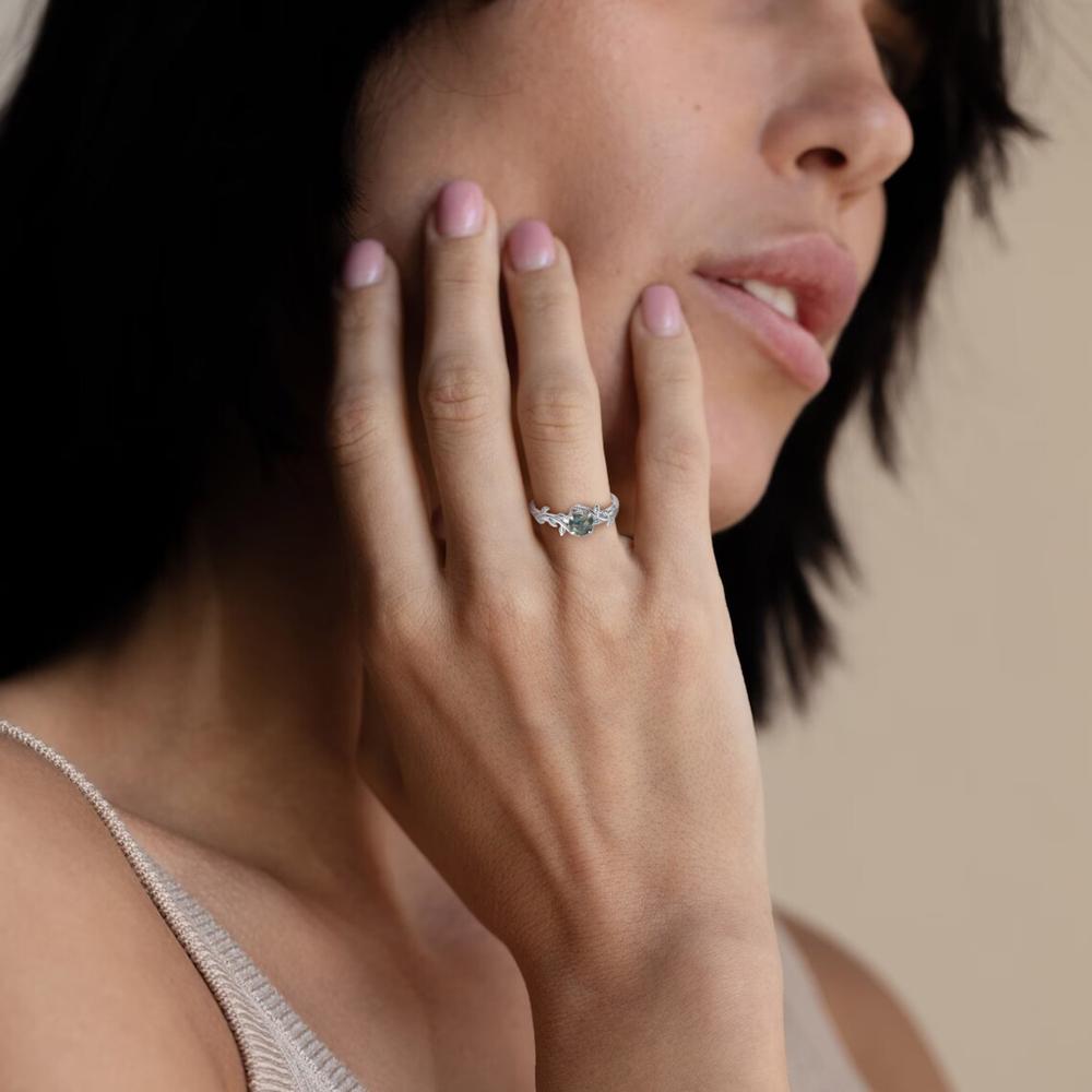 925 Sterling Silver Green Moss Agate Promise Rings for Women Elegant Leaf Shape Ring Unique Wedding Jewelry Gift