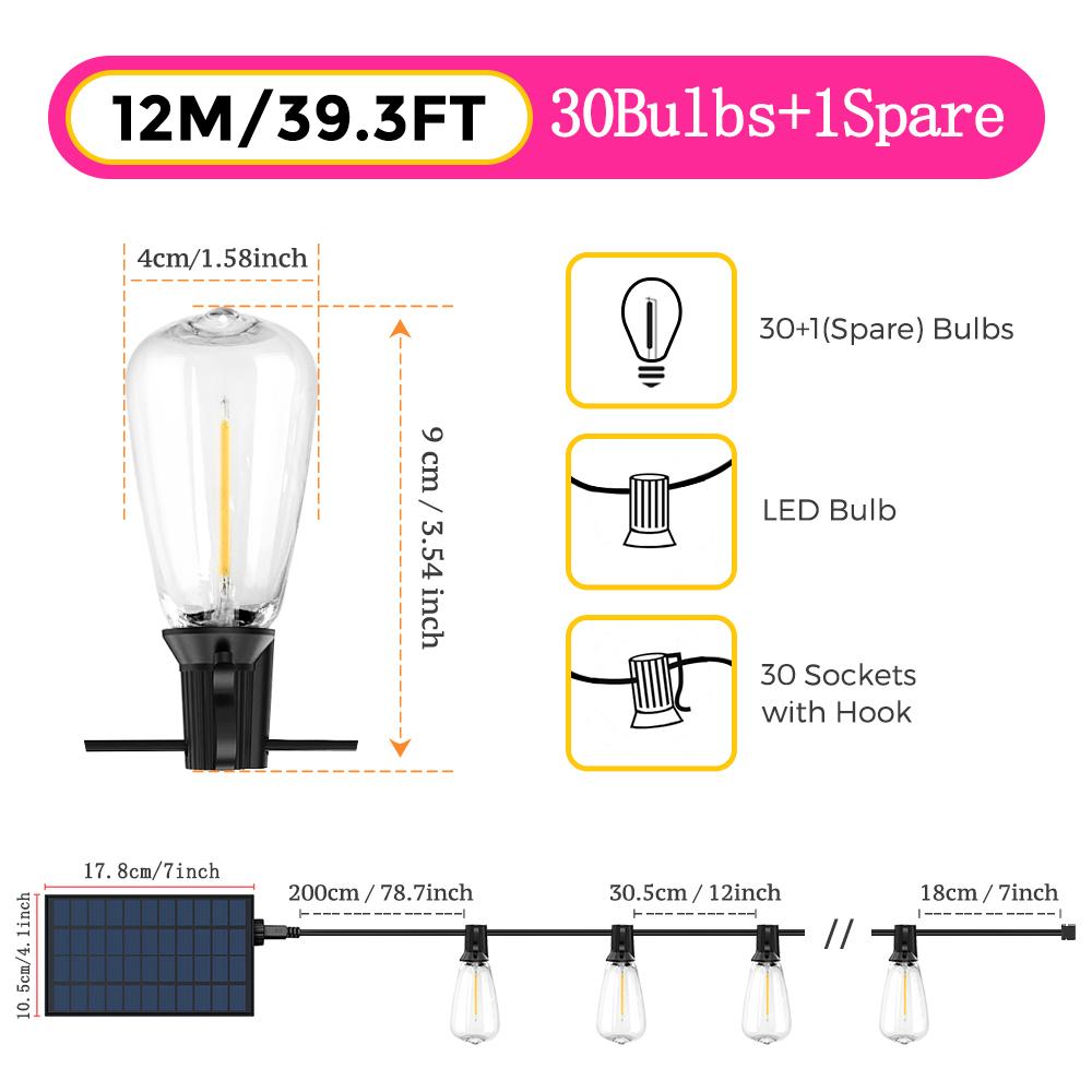 39.3FT Solar String Lights Outdoor Waterproof, Solar Patio Lights with Remote Control & 25+1 Dimmable ST38 Bulbs Shatterproof
