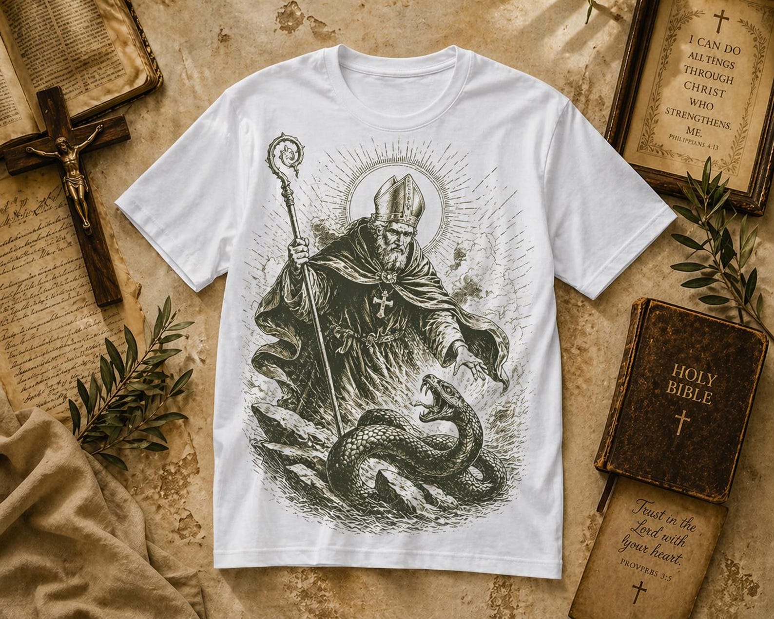 Saint Patrick Snake Victory Tee – Christian Faith Graphic Shirt – Vintage Bishop Art T-Shirt XL