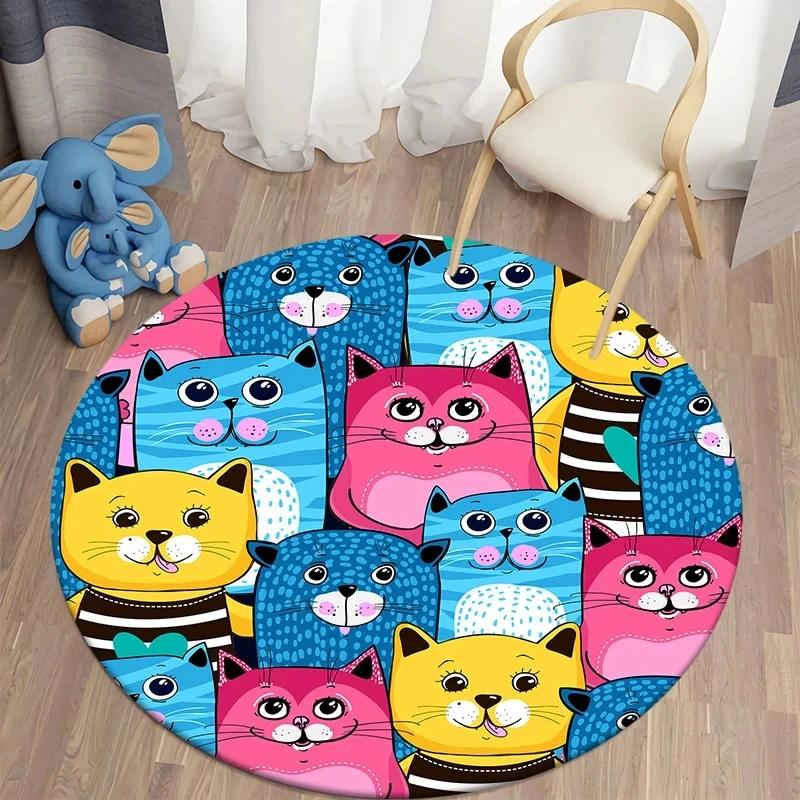 Cute Cat Round Carpet Cartoon Animal Cats Area Rug for Office Living Room Bedroom Decoration Non-slip Children's Crawl Floor Mat
