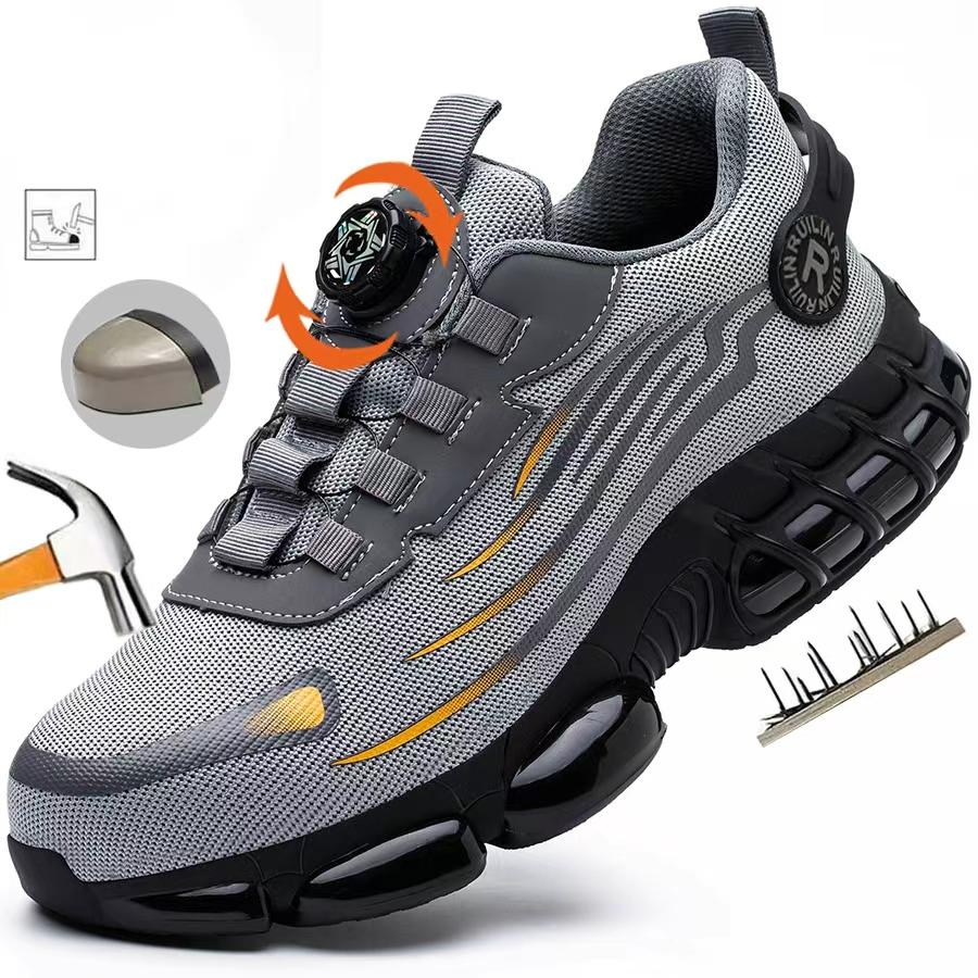 Safety Shoes For Men Steel Toe Anti-Puncture Men's Work Shoes Slip Resistant Reinforced Sole Rotating Button Fashion Sneaker