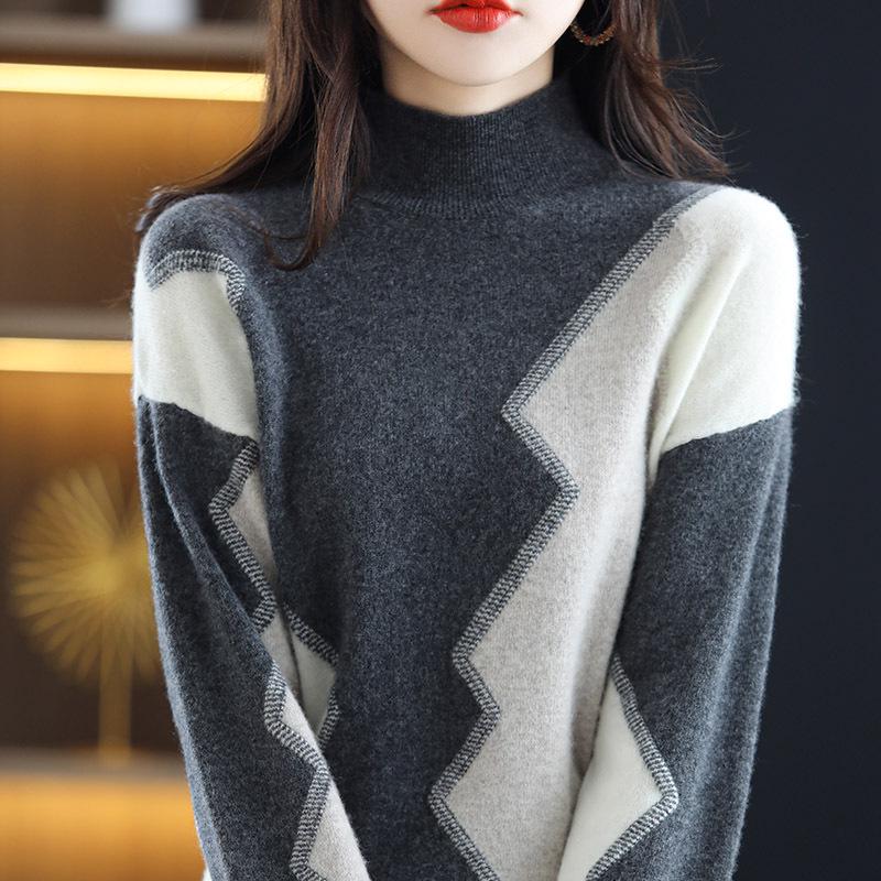 Women's Intarsia Color Block 100% Pure Wool Sweater, Long Sleeve Half-High Neck Loose Fit Pullover with Cashmere Knit, Perfect for Autumn/Winter.