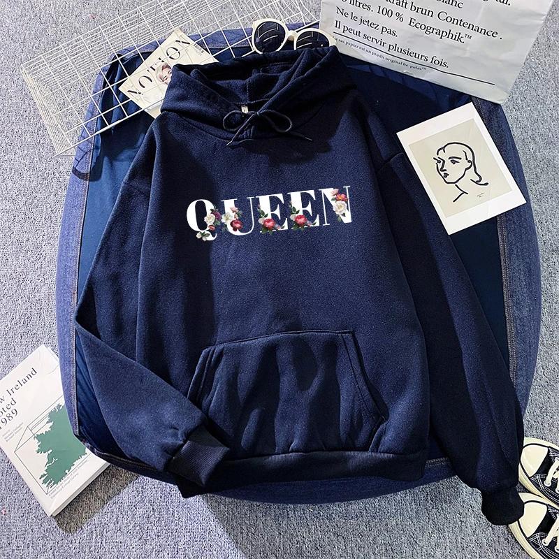 Women's Queen Sweatshirts High Quality Flower Letter Print Hooded Pullover Female Urban Casual Fashion Hoodie
