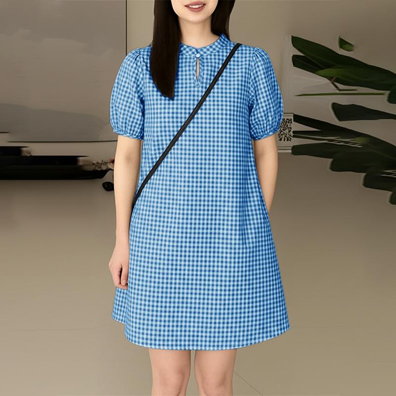ZANZEA Women Casual Stand Collar Short Sleeve Loose Grid Print Dress