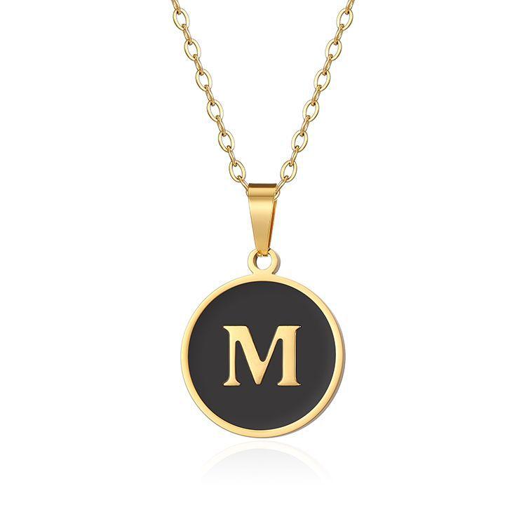 English letter oiled necklace, European and American trend titanium steel chain, round gold letter pendant collarbone chain