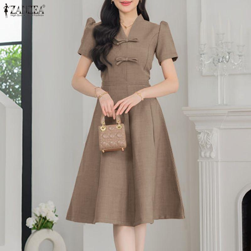 ZANZEA Women Elegant Casual V-Neck Short Sleeve A-line Dress