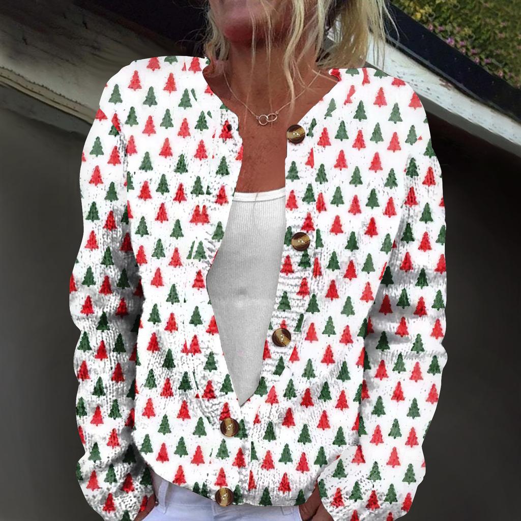 Women's Fashion Christmas Print Long Sleeve Knitted Cardigan Button Jacket