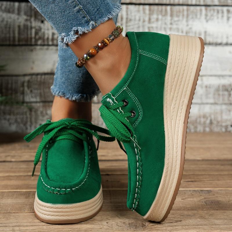 Dámské mokasíny na klínovém podpatku ze semiše, kulatá špička, platforma, šněrování, lehké, protiskluzové, nízké boty