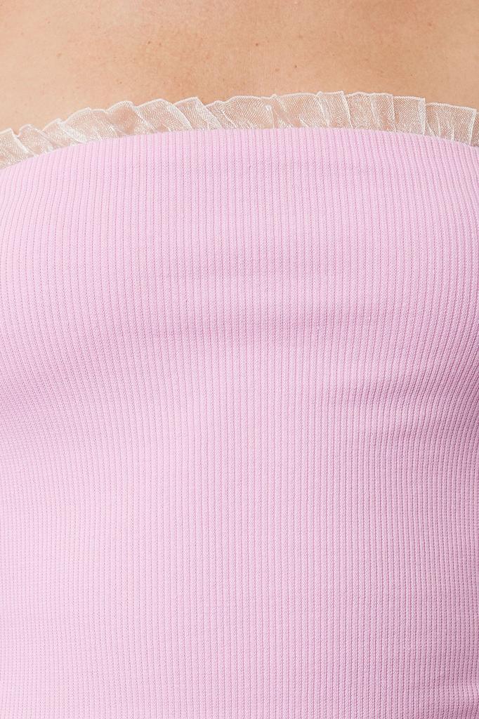 Women's Style Blouse Pink Ribbed Strapless Collar Woven Garnished Fitted Cotton Crop Knitted Blouse