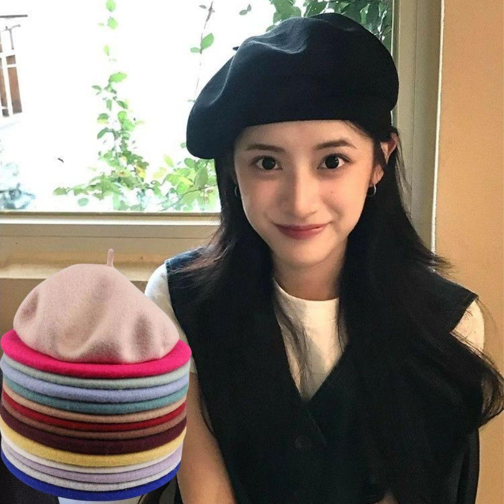 Women Wool Berets French Artist Style Spring Autumn Beanie Hat Retro Plain Beret Solid All Matched Caps Elegant Lady Street Caps