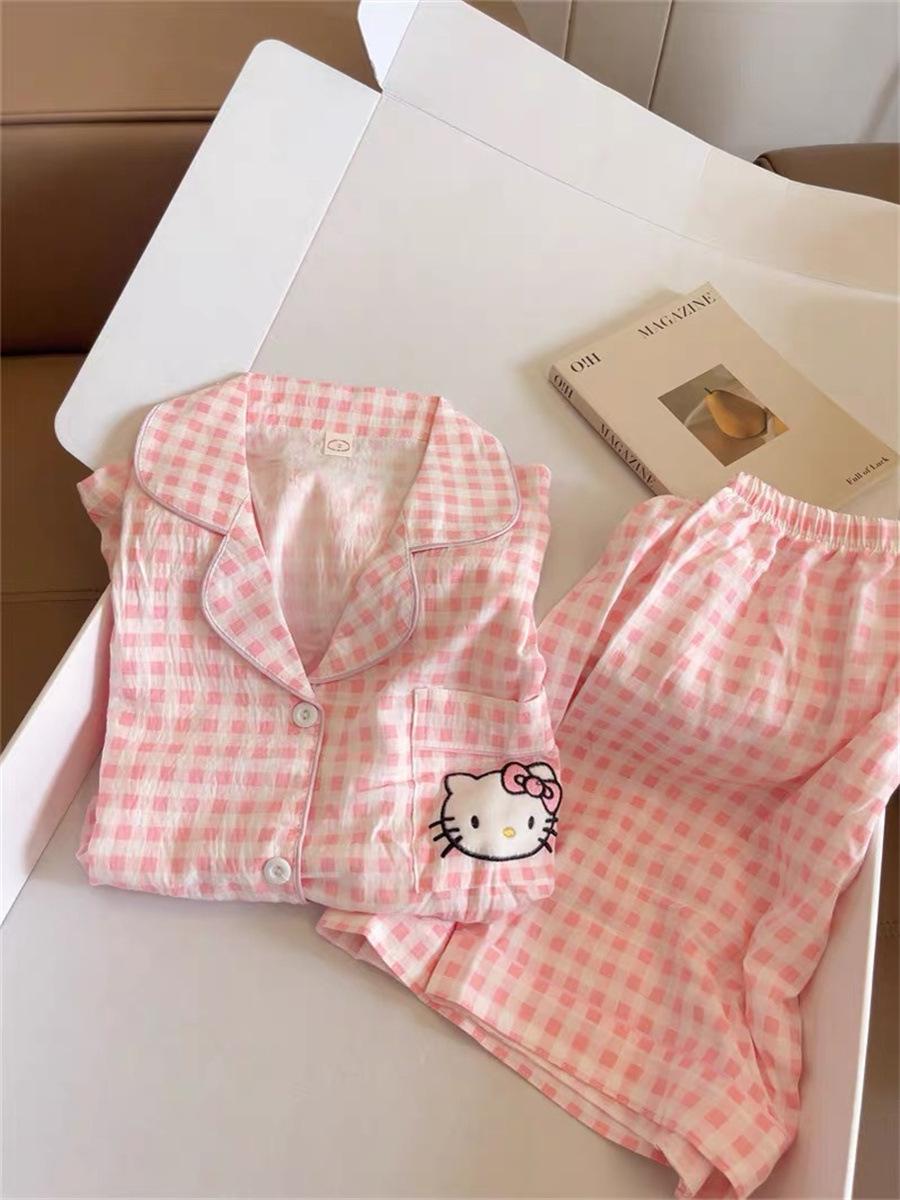 

Japanese princess style pink plaid pocket Hello Kitty pajamas women s short-sleeved shorts two-piece set can be worn outside loungewear S
