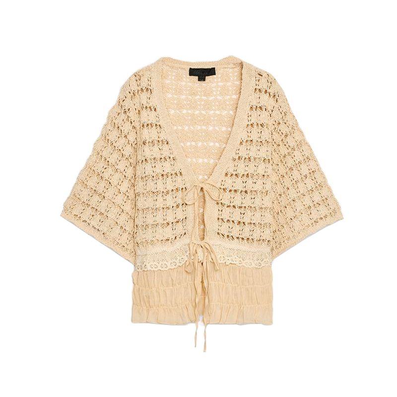 Summer New Product Women's Clothes Ruched Decorative Bowknot Shoelace V-neck Patchwork Short Sleeve Knitting Cardigan 6236011