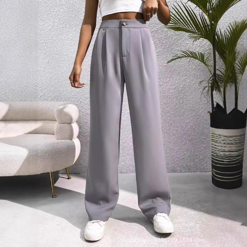 Women S High Waist Loose Straight Leg Wide Leg Suit Pants S серый