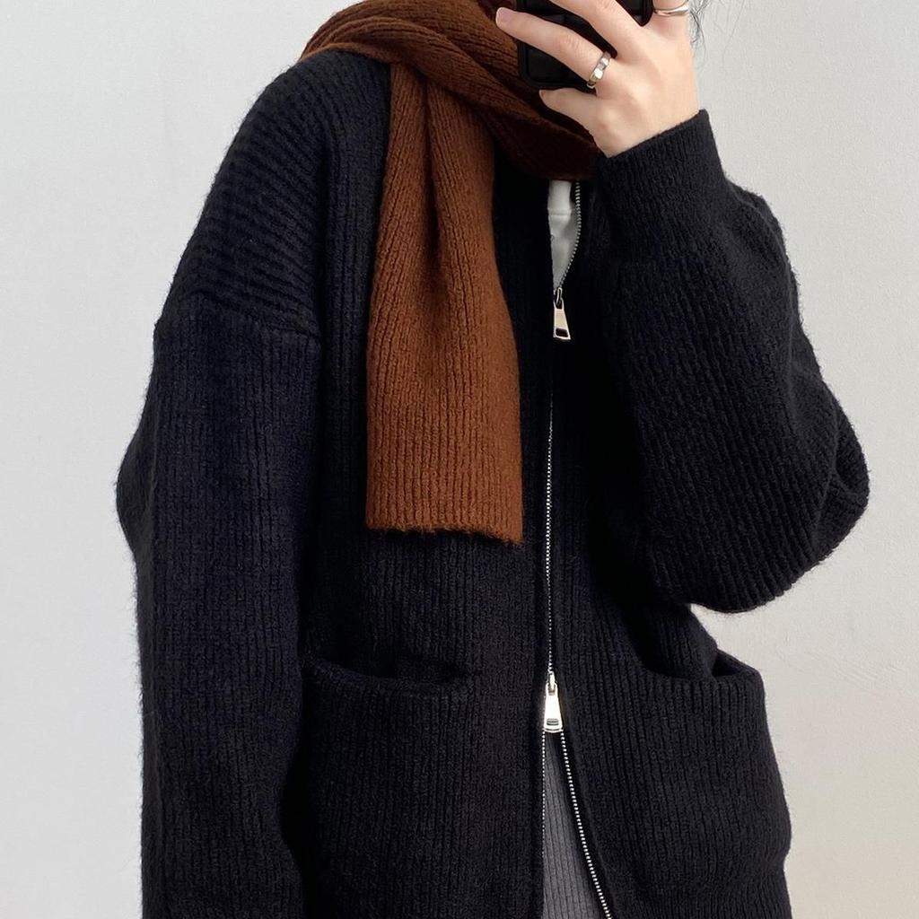 Double zipper solid color design sweater cardigan women's spring and autumn new Korean loose casual knitted sweater women