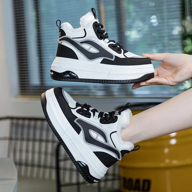 Top Quality 7CM Genuine Leather Women Shoes Women  2024 Autumn Warm Fur Winter Combat Boots Ankle Platform Sneakers Boot Booties