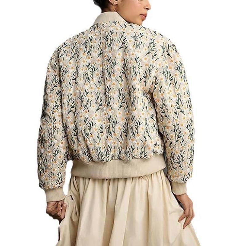 Women's Embroidered Daisy Cropped Bomber Jacket Long Sleeve Quilted Puffer Jackets Padded Coat Outerwear