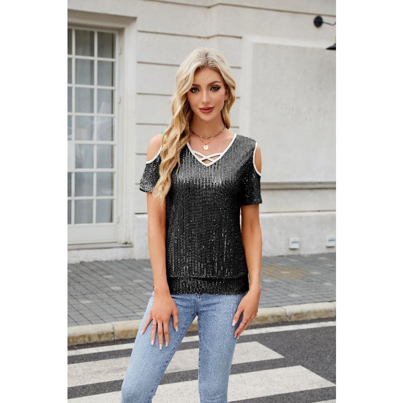 Summer new fashion sequined sexy V-neck off-shoulder short-sleeved top for women S чёрный