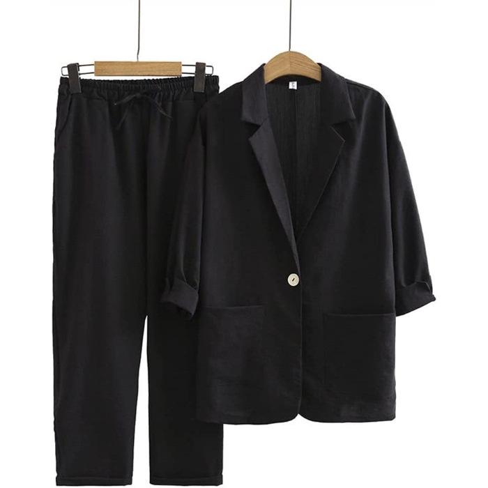 Southeast Asia Plus Size Linen Elastic Waist Trousers & Seven-Sleeve Jacket Suit 3XL чёрный
